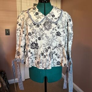 So Me Black and White Floral Blouse with Ribbon Accents NWT